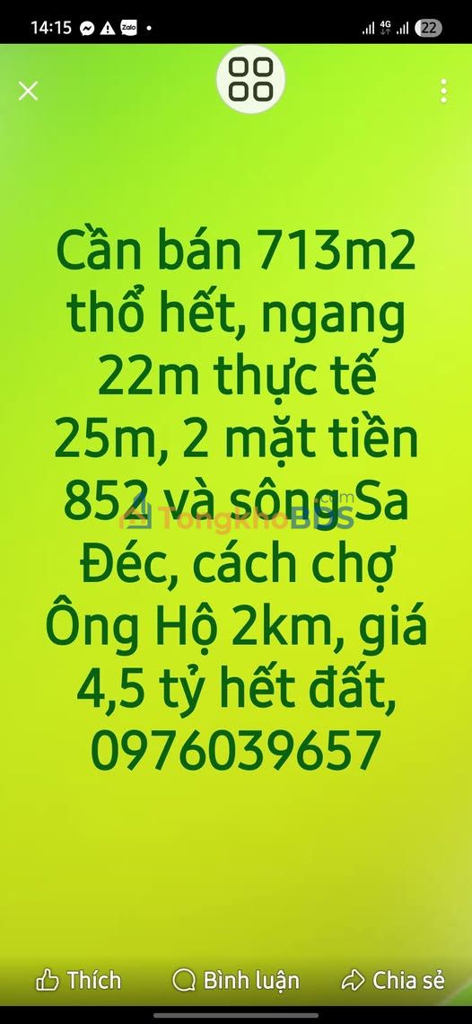 Đất nền Cao Lãnh Đường 852 713m² giá 4,5 tỷ - Đường to ô tô
