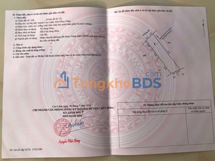 Đất thổ cư 428m² Mỹ Phú, Cao Lãnh - Sổ đỏ chính chủ, giá 720 triệu