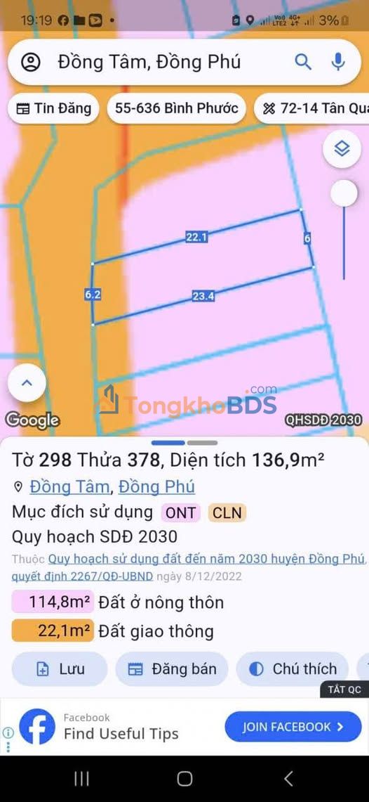 Đất Tân Phước Bình Phước 138m² 3xx triệu - Đất thổ cư 100%