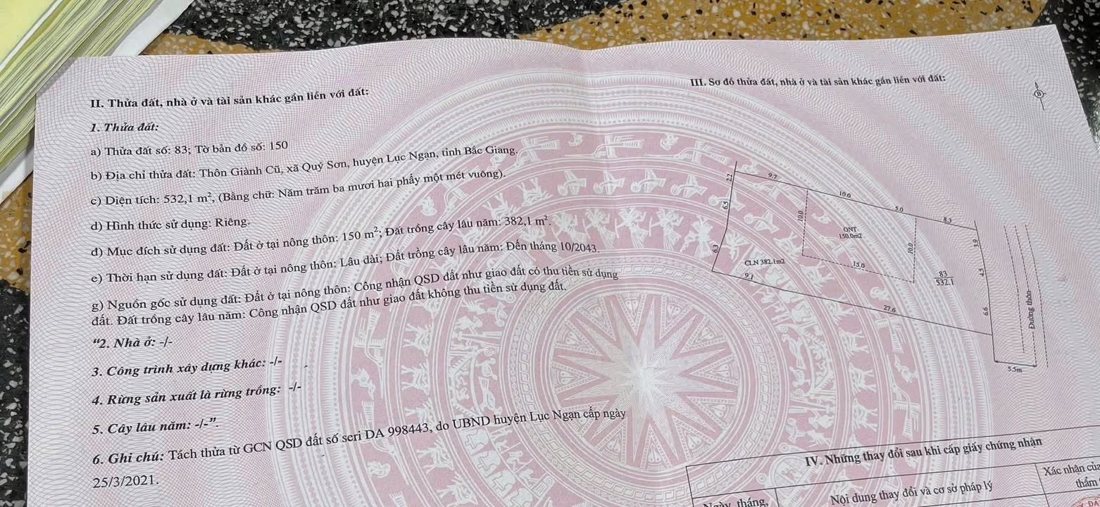 Bán Đất Vàng Xã Quý Sơn, Lục Ngạn 532m² - Mặt Tiền 15m, Giá 2 Tỷ xx