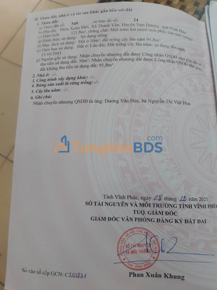 Bán đất Vĩnh Tường, Vĩnh Phúc 121.8m² - Sổ đỏ sẵn, tiềm năng tăng giá cao