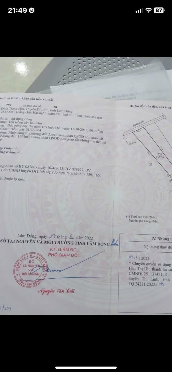 Bán Gấp Lô Đất 2527m² Xã Đinh Trang Hòa, Di Linh Giá 800 Triệu