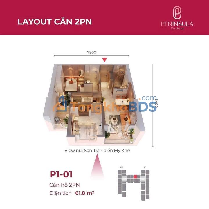 Căn hộ 2PN 61.8m² view Biển Mỹ Khê - Peninsula Đà Nẵng - Chỉ 3.8 Tỷ