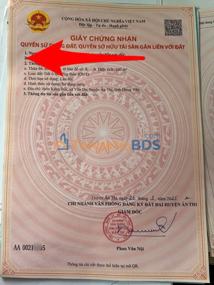 Đất nền 100m² Giãn dân Vân Du, Hưng Yên - Sổ đỏ chính chủ, giá 2.x tỷ