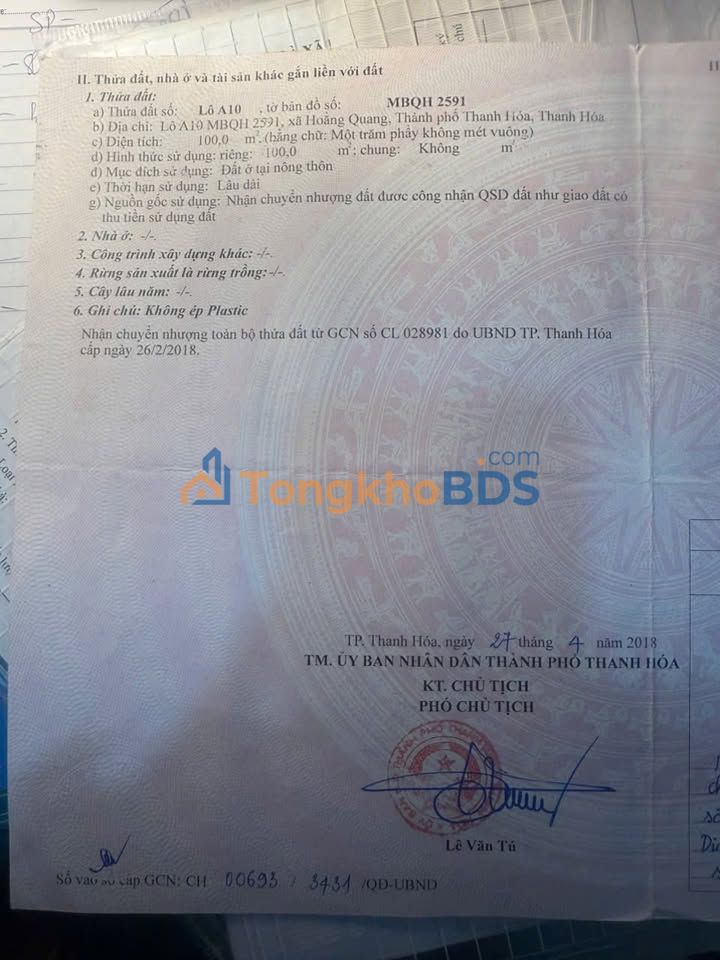 Đất Nền Thanh Hóa 100m² - Sổ Đỏ Chính Chủ, Giá Tốt