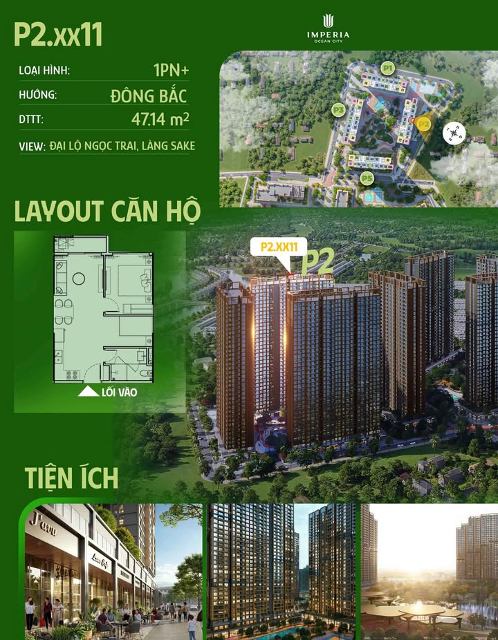 Căn hộ 1PN+ Ocean Park 2 (47m²) - Giá tốt, View Đại lộ