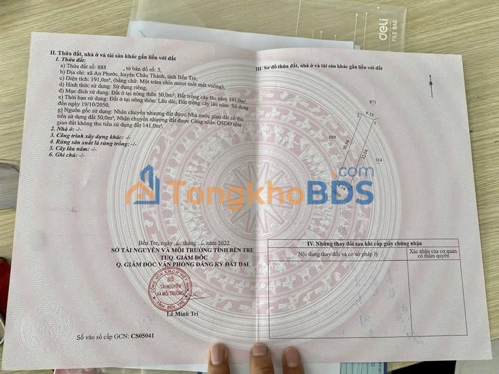 Đất thổ cư 191m² gần KCN Giao Long, Châu Thành - Giá 870 triệu