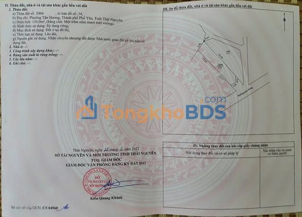 Bán Đất Thổ Cư 150m² Xã Tân Khánh, Phú Bình - Giá 1 Tỷ, Gần Chợ