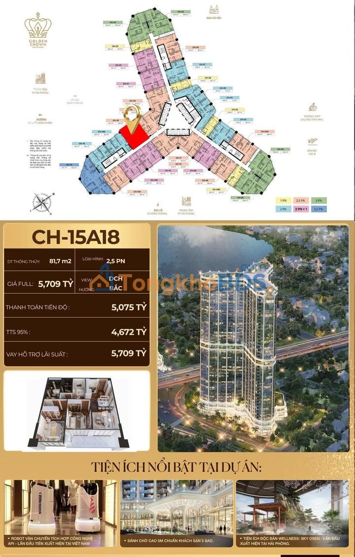 Căn hộ Golden Crown Hải Phòng 82m² - View toàn cảnh thành phố, giá từ 5 tỷ