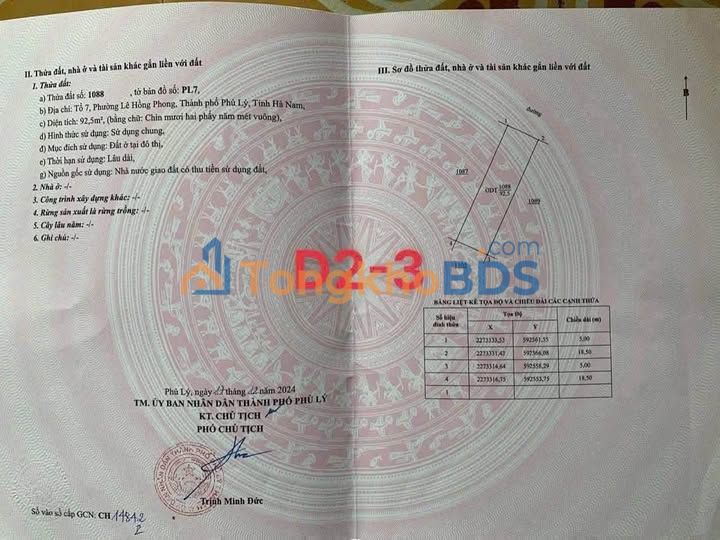Đất nền Phủ Lý 92m² - Sổ đỏ chính chủ, gần chợ & trường học