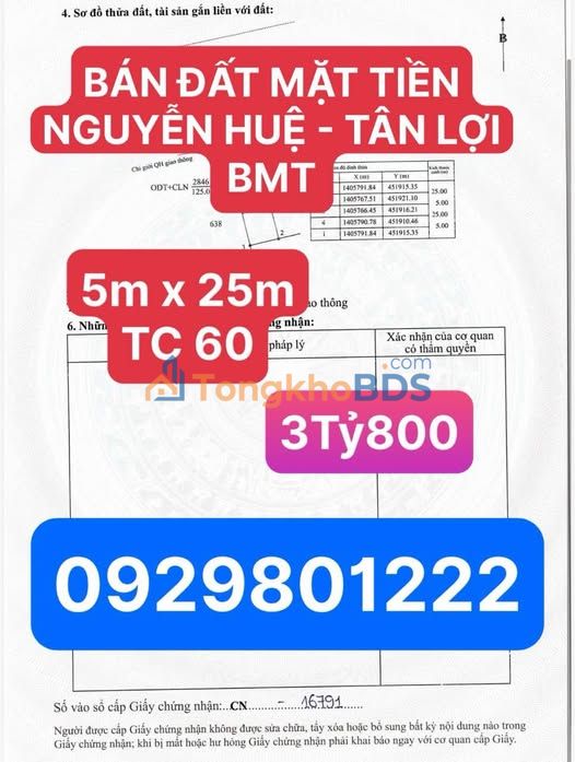 Đất nền mặt tiền Nguyễn Huệ, Buôn Ma Thuột - 125m², giá 3.8 tỷ