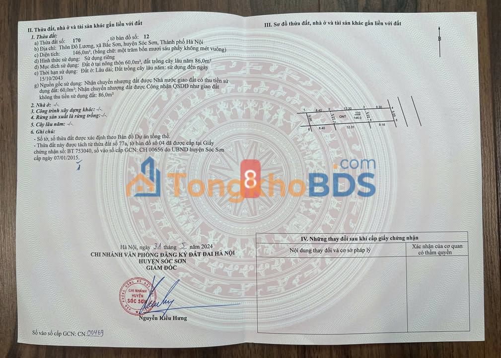 Bán đất Sóc Sơn 146m² - Sổ đỏ 60m² thổ cư - Giá 1.3 tỷ