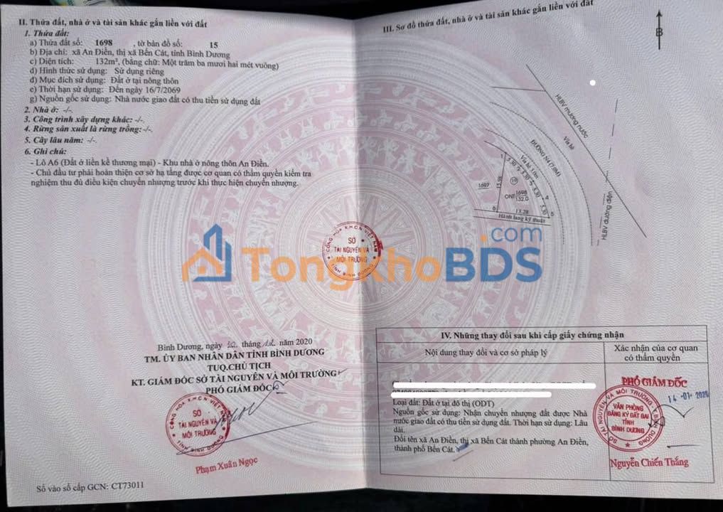 Đất Nền An Điền, Bến Cát 132m² - Sổ Đỏ Vuông Vắn, Giá 1.2 Tỷ