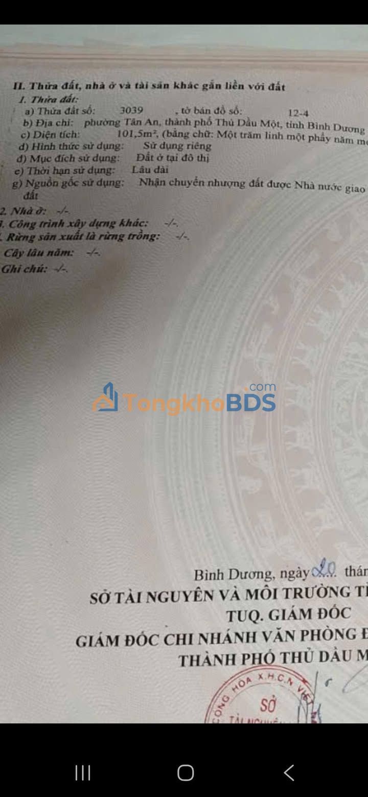 Đất thổ cư 101m² sổ hồng chính chủ tại TP. Thủ Dầu Một - Giá 1 tỷ