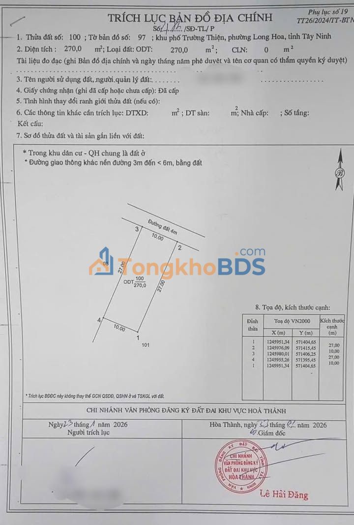 Đất Nền Hòa Thành 270m² - Sổ Hồng Full Thổ Cư, Giá Tốt 890 Triệu