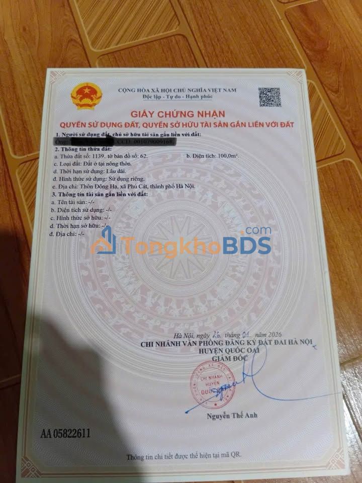 Bán gấp 100m² đất thổ cư Đông Hạ, Phú Cát, Hà Nội - Sổ hồng sẵn, giá 3.2 tỷ