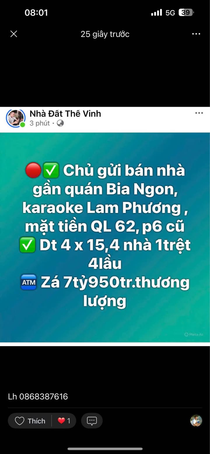 Nhà Mặt Tiền QL 62 Tân An - 61m² Giá 7.95 Tỷ, Kinh Doanh Đa Ngành