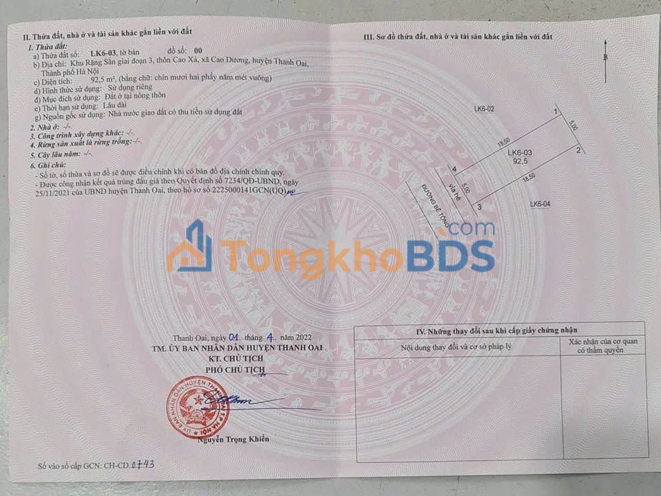 Đất nền Xã Dân Hòa, Thanh Oai - 92.5m² - Mặt tiền 5m - Giá 5.55 tỷ