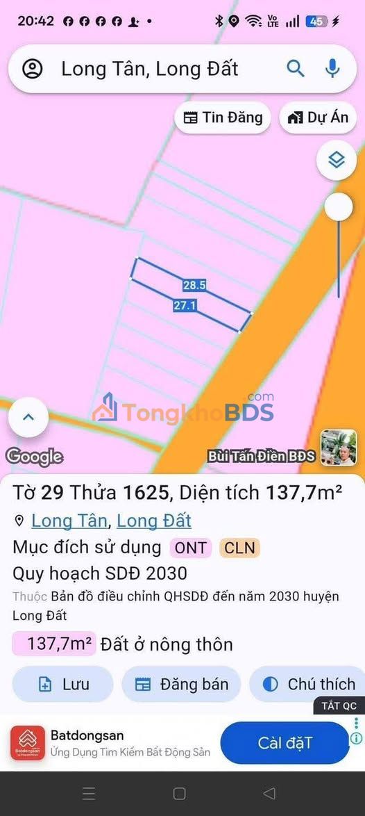 Bán Đất Long Tân 80m² MT Nhựa - Giá 980 Triệu, Sổ Thổ Cư