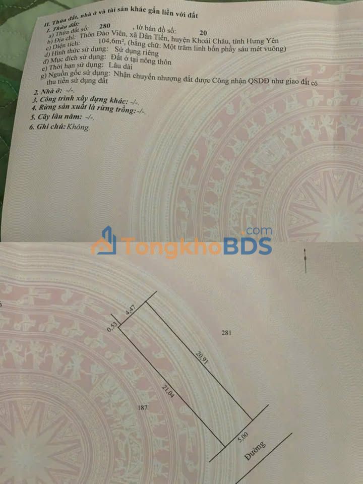 Bán đất nền 104m² mặt tiền 5m trục chính kinh doanh, Dân Tiến, Hưng Yên