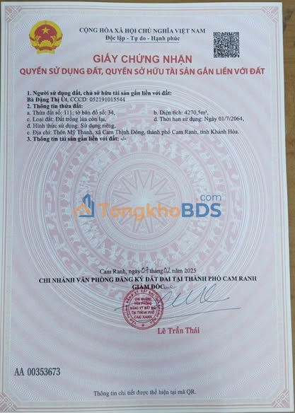 Bán Gấp 4270m² Đất Lúa Mặt Tiền Đường Bê Tông Cam Thịnh Đông, Cam Ranh