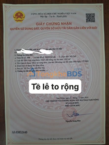 Bán đất Tề Lễ Tam Nông 350m² vuông đẹp, giá chỉ 7xx triệu