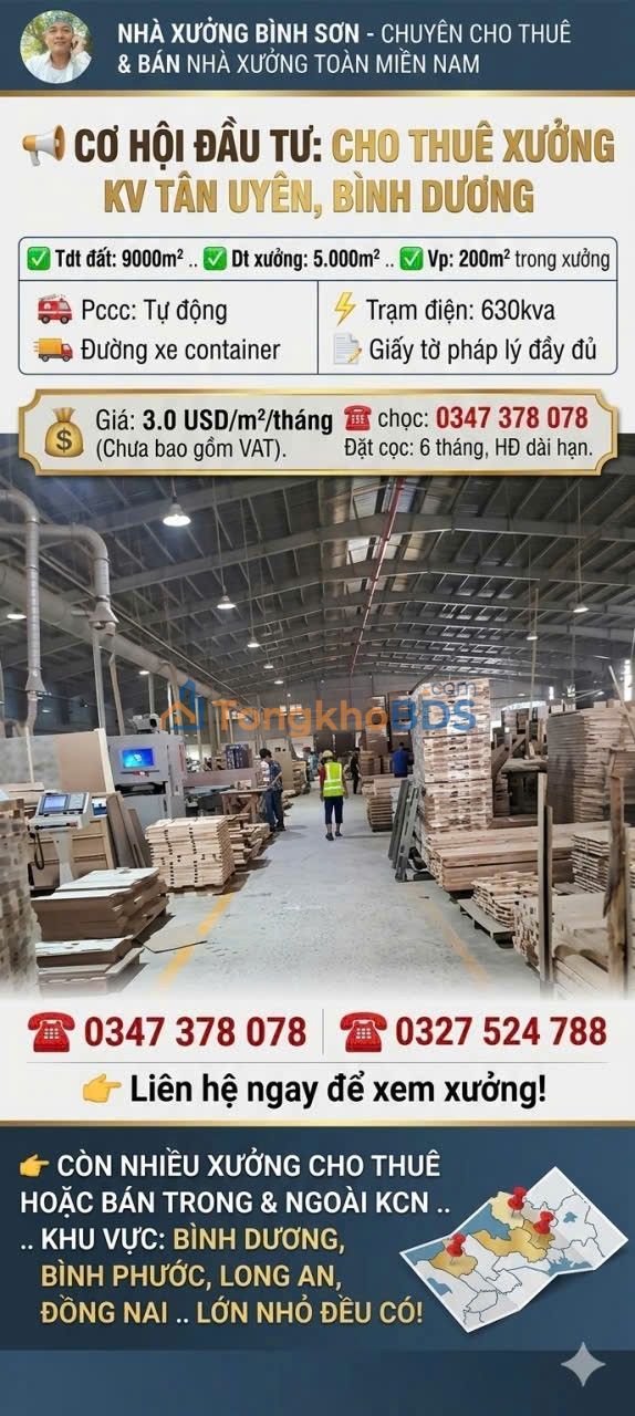 Cho thuê xưởng 5000m² Tân Uyên, Bình Dương - Hoạt động 24/24