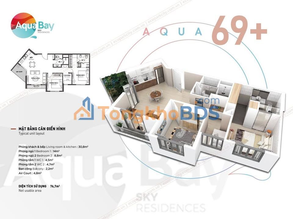 Cho thuê căn hộ 2PN Aquabay Hưng Yên - Nội thất đủ