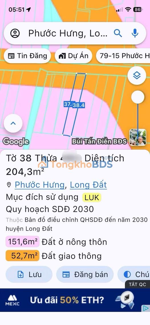 Bán Đất Phước Hưng Long Đất 192m² Đường Nhựa - 2.35 Tỷ