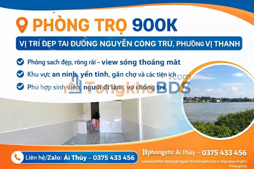 Phòng Trọ 900k/tháng Nguyễn Công Trứ, Vị Thanh - View Sông Mát Mẻ