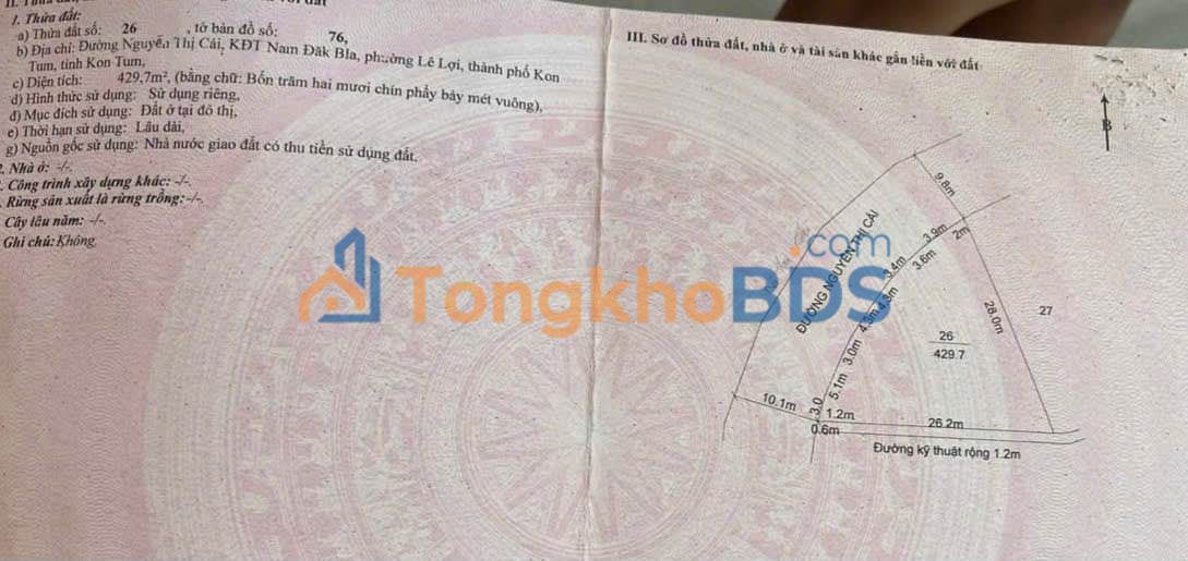 Đất Nền Lô Góc Nguyễn Thị Cái, Kon Tum - 429.7m² - Giá Tốt