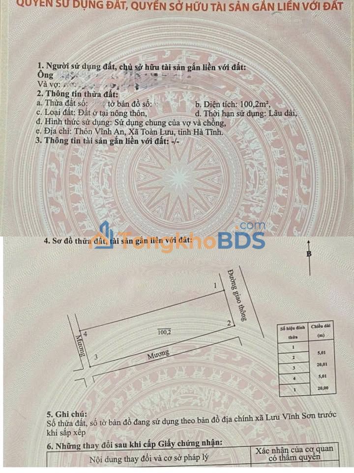 Bán đất 100.2m² H. Hương Khê, Hà Tĩnh - Sổ đỏ sẵn sàng