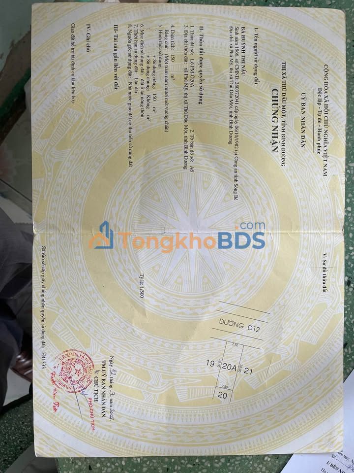 Đất nền D12 Thủ Dầu Một 150m² 3 tỷ - Thổ cư 100%