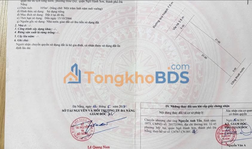 Đất nền Nam Hòa Xuân Đà Nẵng - 105m² Bờ Quan 10, Hướng TB - Giá Tốt