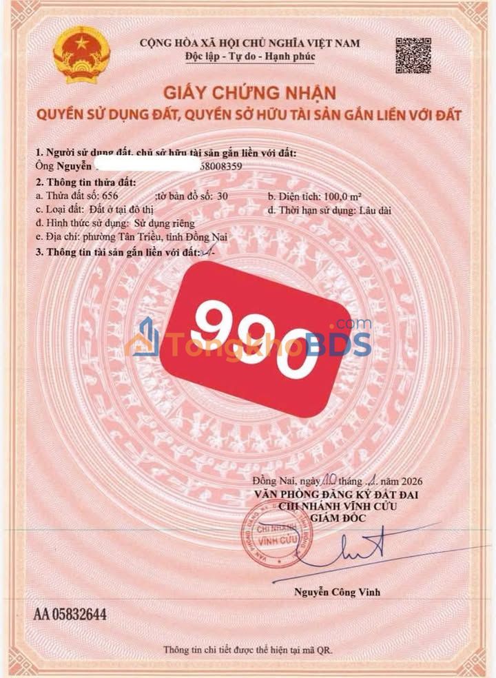 Đất Nền Tân Triều, Vĩnh Cửu 100m² - Sổ Hồng Riêng, Giá 990 Triệu