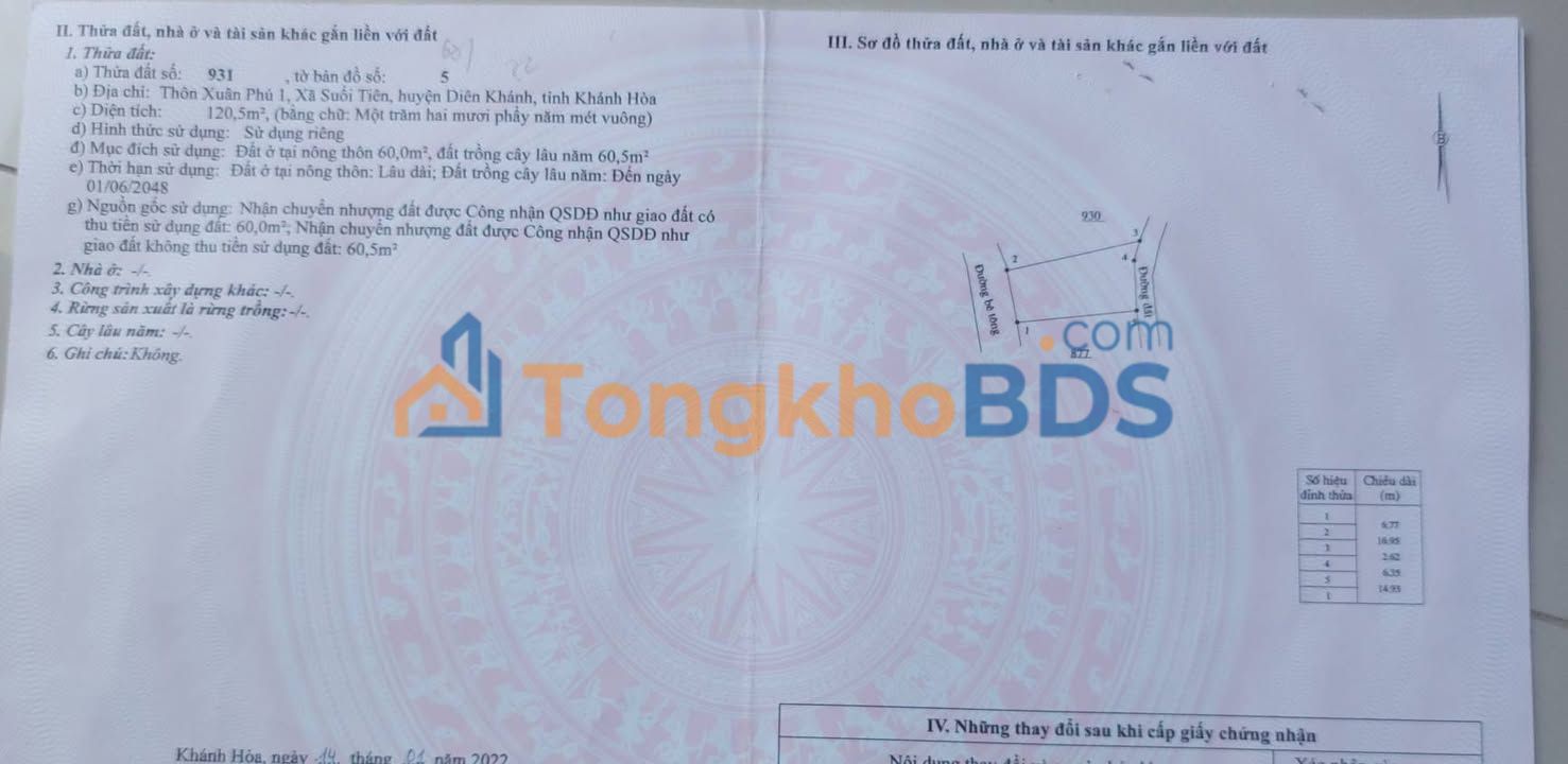 Bán đất Suối Hiệp Diên Khánh 120m² giá 710 triệu - Sổ đỏ sẵn