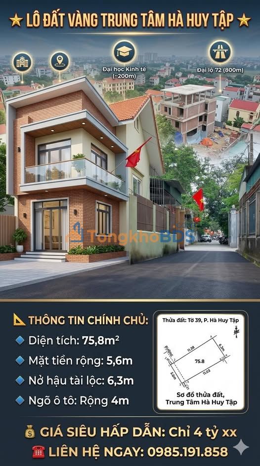 Đất Nền 75.8m² Mặt Tiền Rộng 5.6m Đường Hà Huy Tập, TP Vinh - Sổ Đỏ Sẵn Sàng