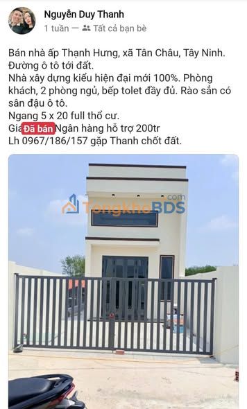 Nhà Thạnh Bình Tân Biên 160m² - Thổ Cư 60m² - Giá 720 Triệu