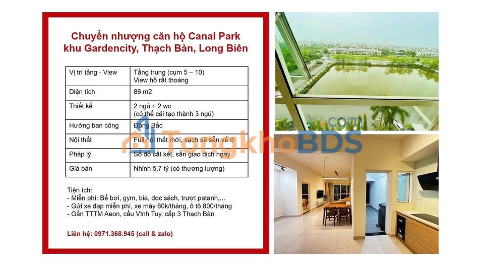 Căn hộ Garden City Thạch Bàn 86m² - 2PN, View Hồ, Full Nội Thất