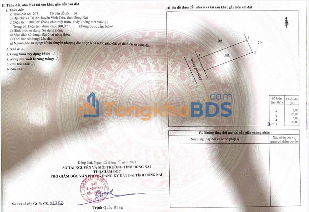 Đất Nền Trị An Vĩnh Cửu 100m² Sổ Hồng Riêng - Giá 650 Triệu