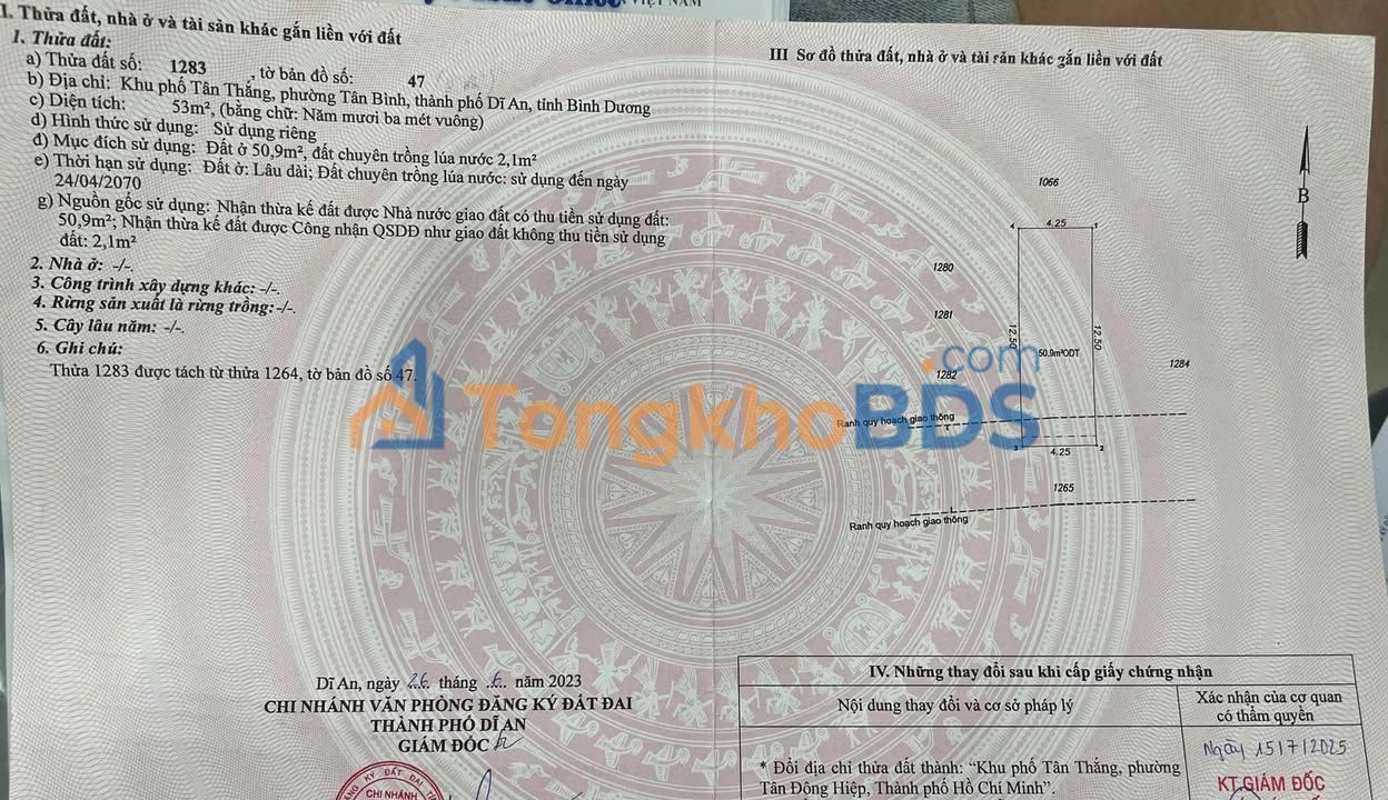 Đất Thổ Cư Tân Bình, Dĩ An 53m² - Đường Ô Tô, Giá 1.85 Tỷ