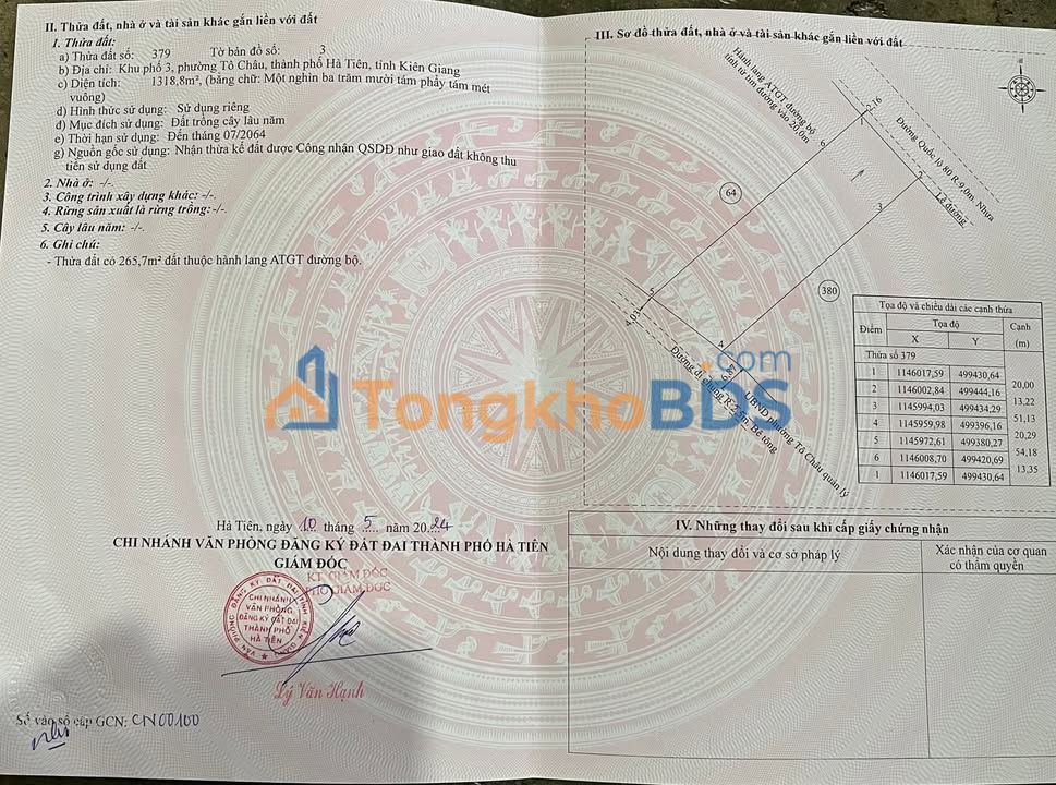 Đất Vàng Mặt Tiền QL80 Hà Tiên 1318m² - Lưng Tựa Biển