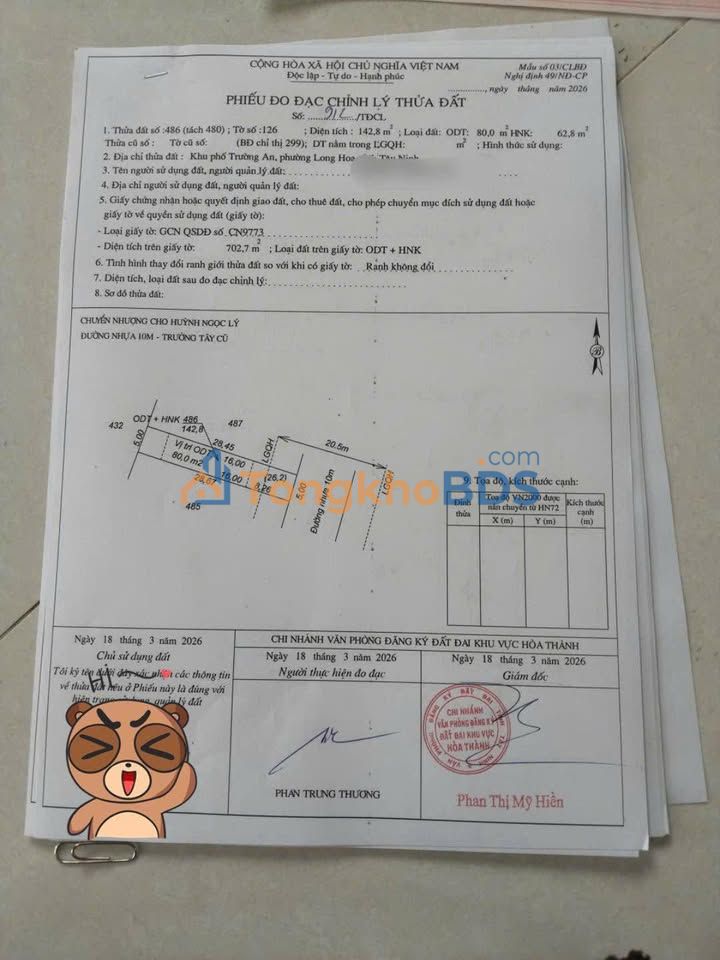 Bán đất thổ cư 80m² Phường Long Hoa, Hòa Thành - 645 triệu, Sổ hồng sẵn