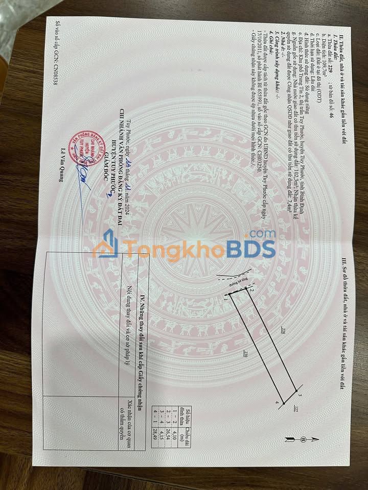 Đất thổ cư 109.7m² Tuy Phước, Bình Định - Giá 900 triệu, đường ô tô