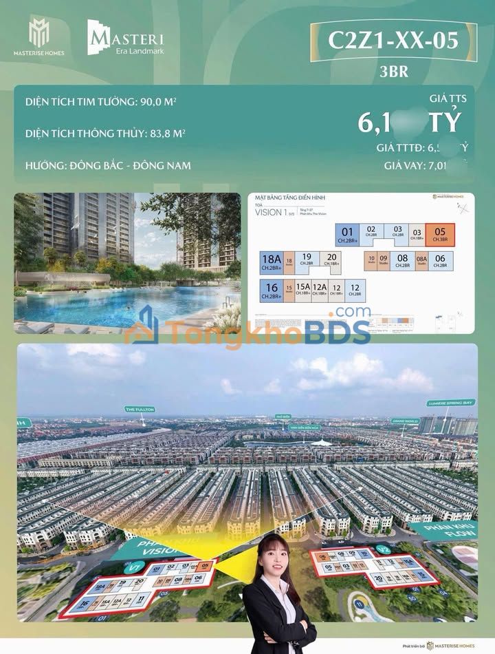 Căn hộ Masteri 83.8m² Hưng Yên - View biệt thự & hồ bơi triệu đô