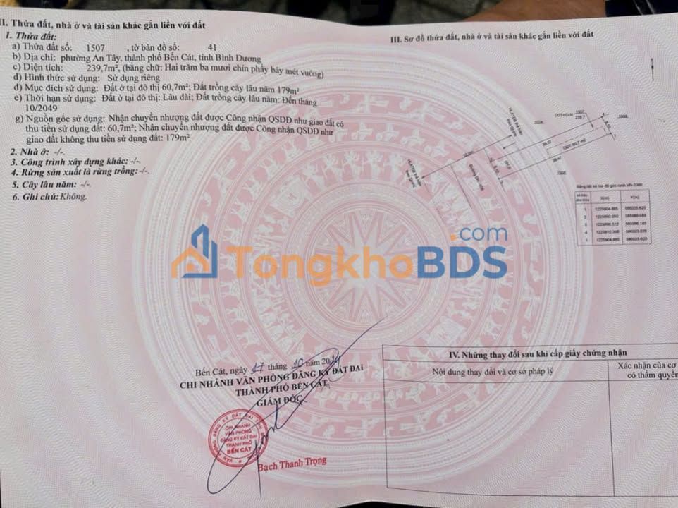 Đất Mặt Tiền DH 609 Bến Cát - 240m² Thổ Cư, Gần KCN Việt Hương 2