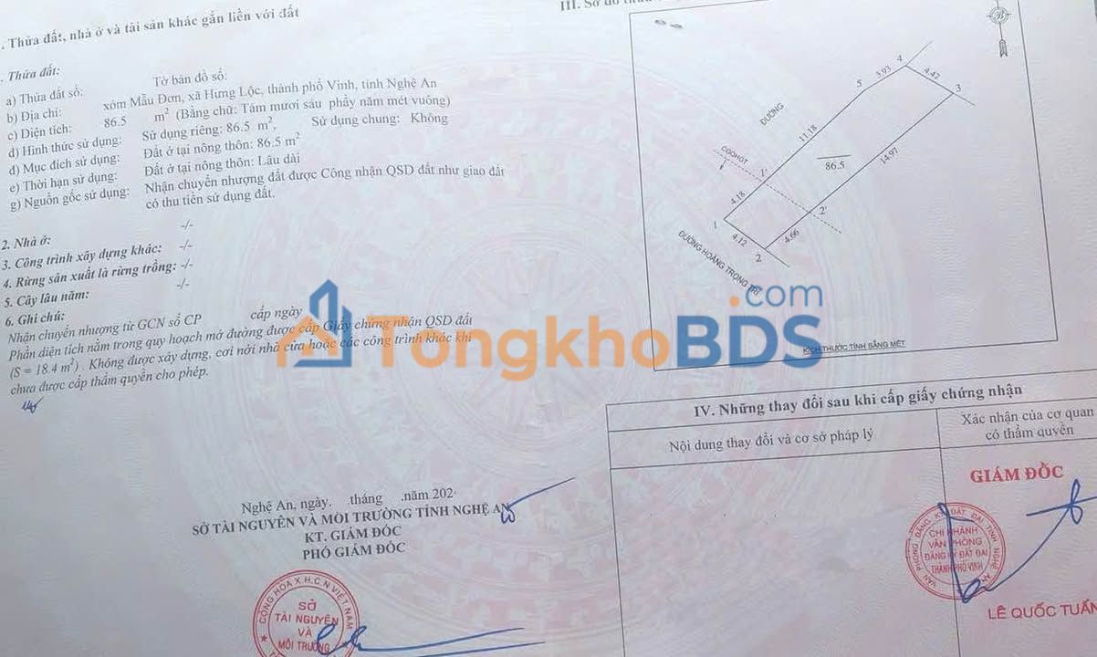 Bán đất mặt tiền KD Hoàng Trọng Trì, Vinh 86m² giá 4.6 tỷ - Sinh lời cao