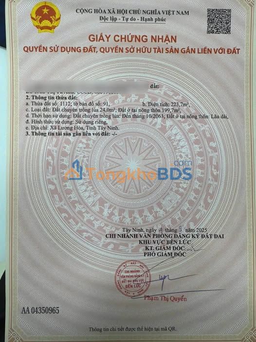 Đất nền Bến Lức Tân Bửu 224m² 3.5 tỷ - Đường to ô tô