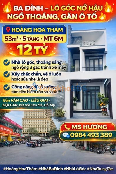 Nhà Lô Góc 53m² - 5 Tầng Mặt Tiền 6m - Phố Văn Cao, Ba Đình - 12 Tỷ