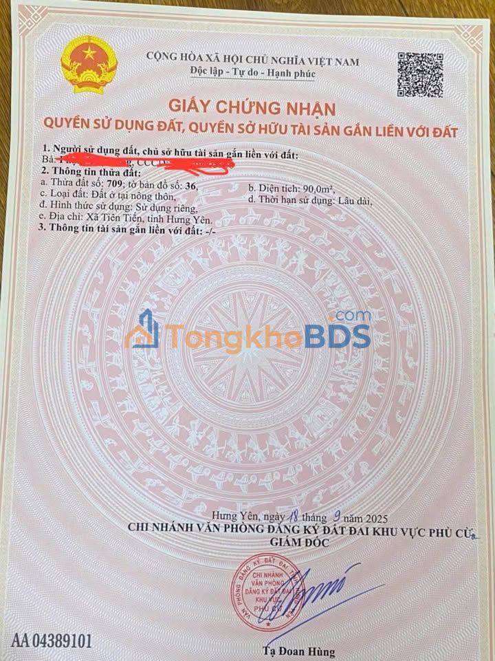 Đất nền Xã Tiên Tiến, Phù Cừ, Hưng Yên - 90m² - Sổ đỏ sẵn sàng